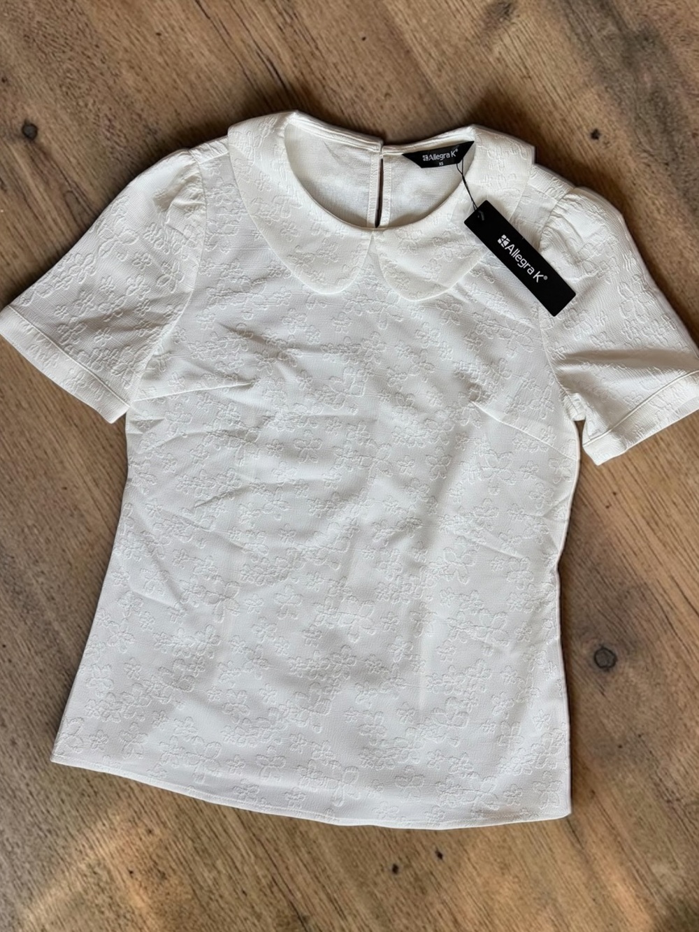 Alegria White Floral Texture Short-Sleeve Top with Peter Pan Collar